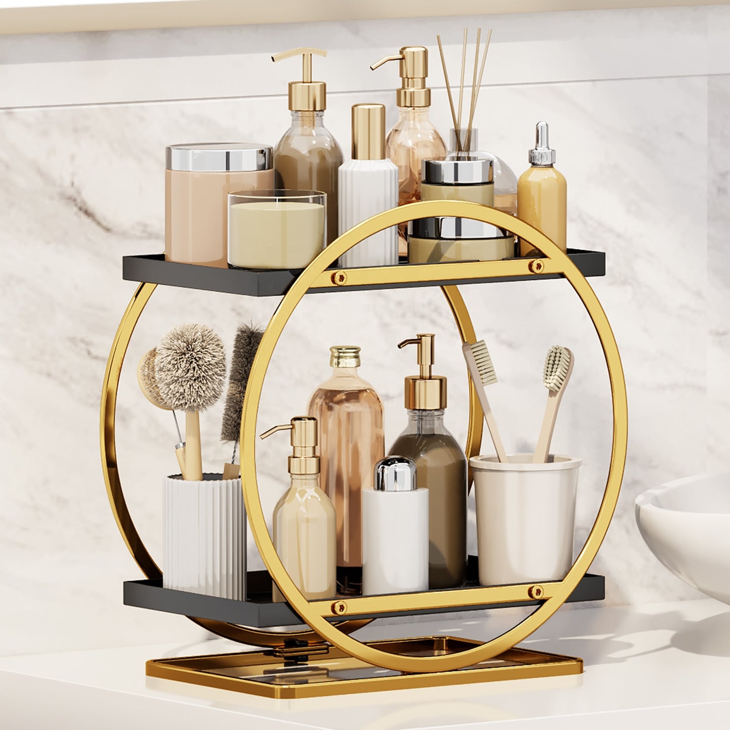 2-Tier Metal Bathroom Counter Organizer – Makeup, Skincare & Perfume Storage Shelf for Vanity, Dresser & Countertop (22.5 × 15 × 29 cm)