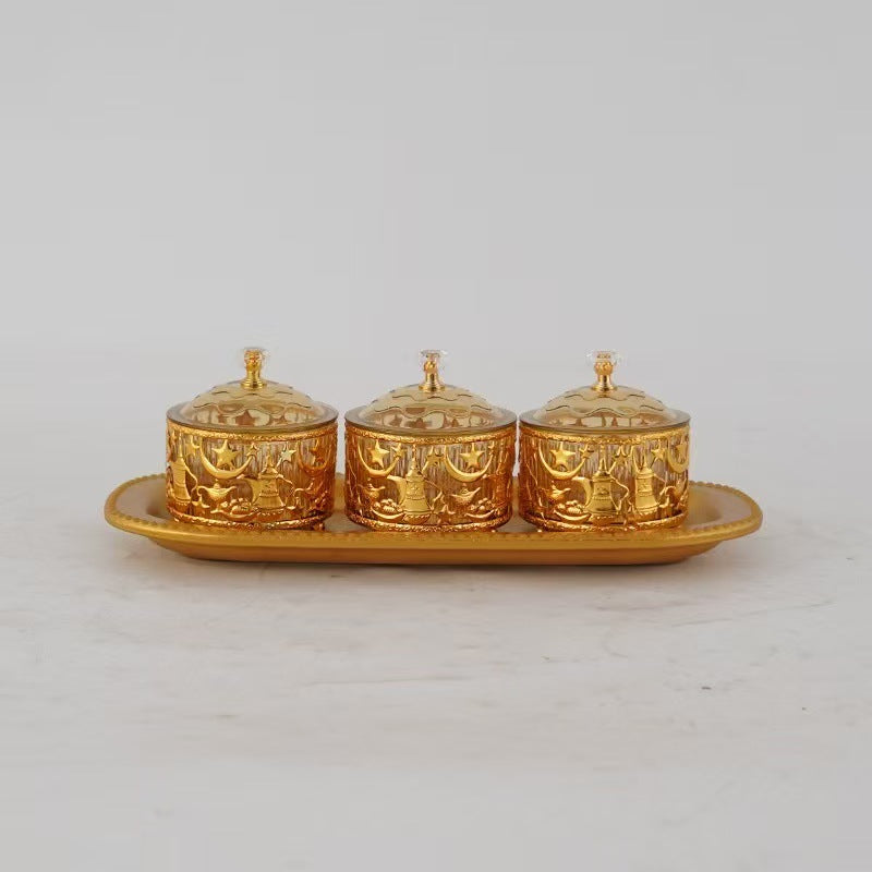 Luxury Arabic Golden Date Serving Set – 3-Piece Date & Candy Storage Bowls with Decorative Tray for Ramadan, Eid & Home Décor