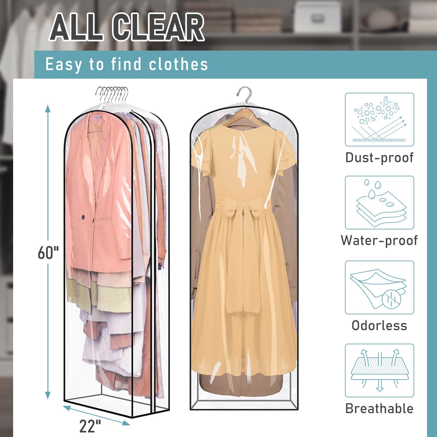 Clear Garment Bags for Hanging Clothes – Transparent Zippered Clothes Covers for Dresses, Suits, Coats & Closet Storage