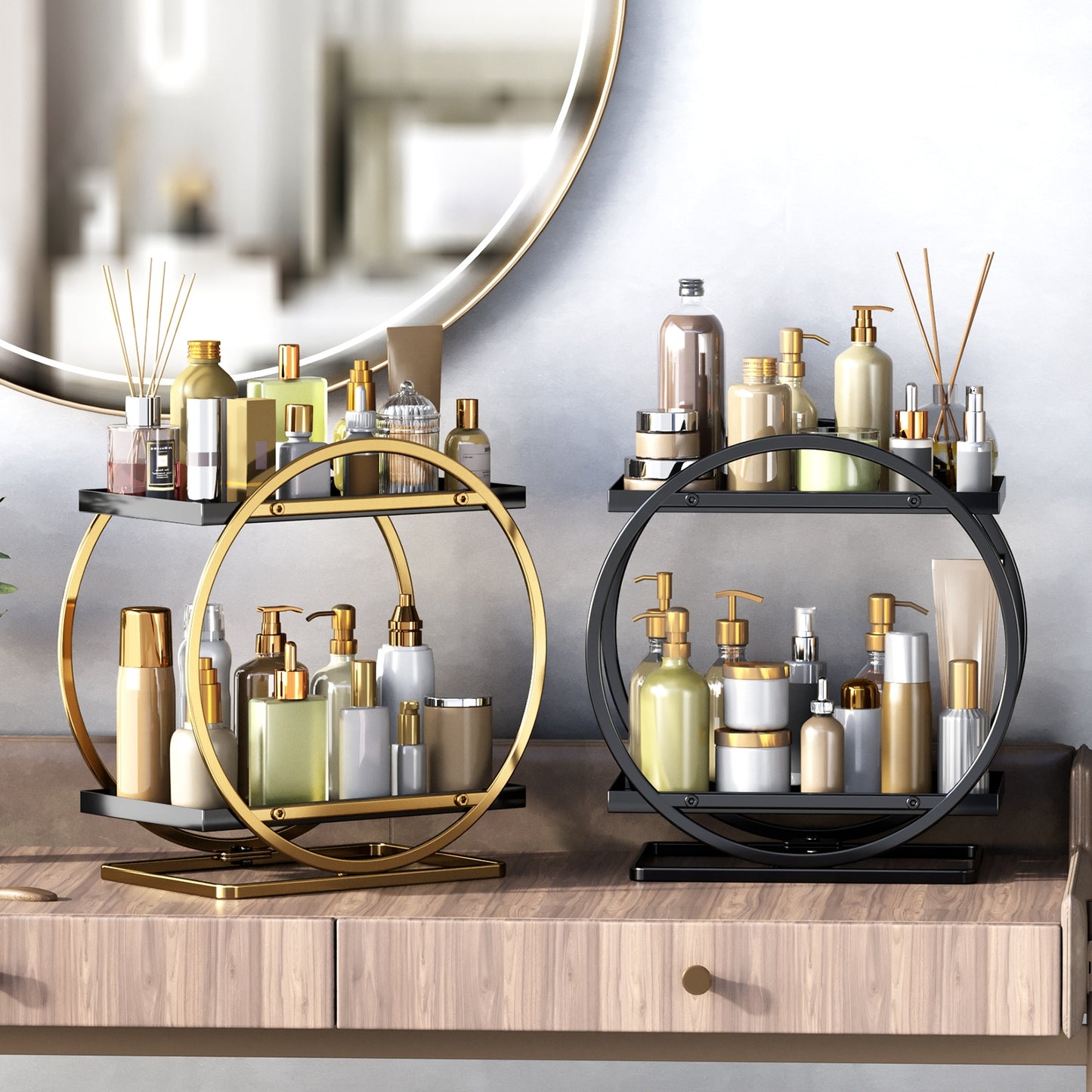 2-Tier Metal Bathroom Counter Organizer – Makeup, Skincare & Perfume Storage Shelf for Vanity, Dresser & Countertop (22.5 × 15 × 29 cm)