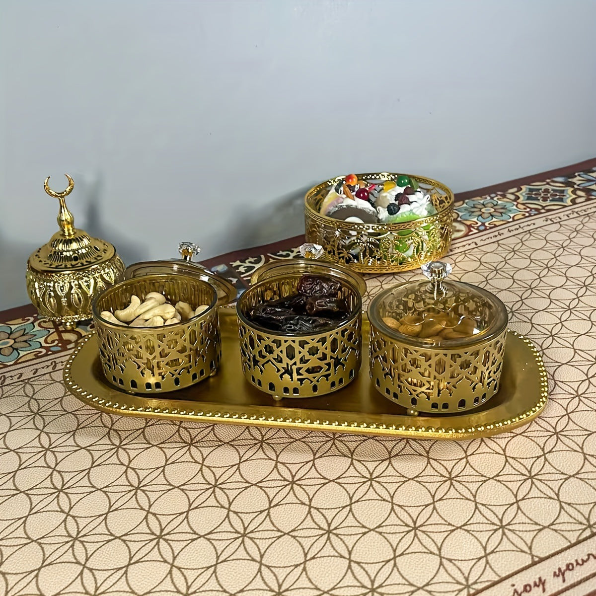 Luxury Gold Metal Date Serving Tray with 3 Lidded Bowls – Arabic Snack & Candy Organizer for Ramadan, Eid & Home Décor