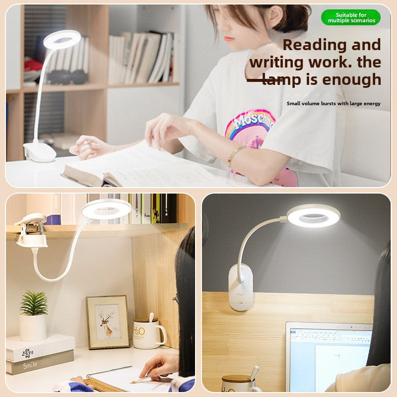 Rechargeable LED Clip-On Desk Lamp – Flexible Gooseneck Reading Light with Touch Dimming, Eye-Caring Ring Light & Portable Clamp Lamp