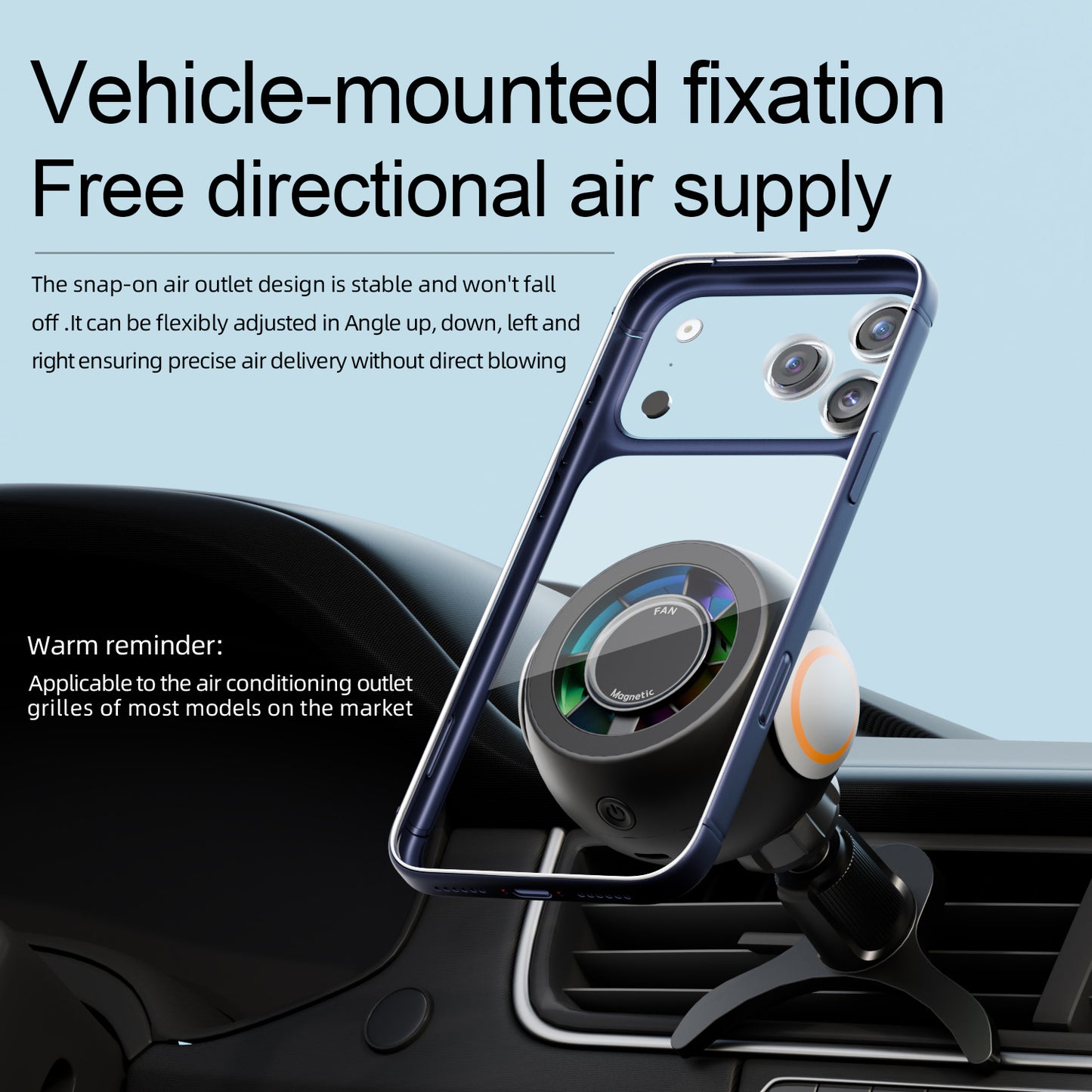 4-in-1 Magnetic Car Phone Holder with Cooling Fan – Magnetic Dashboard & Air Vent Mount with Aroma Diffuser, RGB Ambient Light & Portable Car Phone Stand