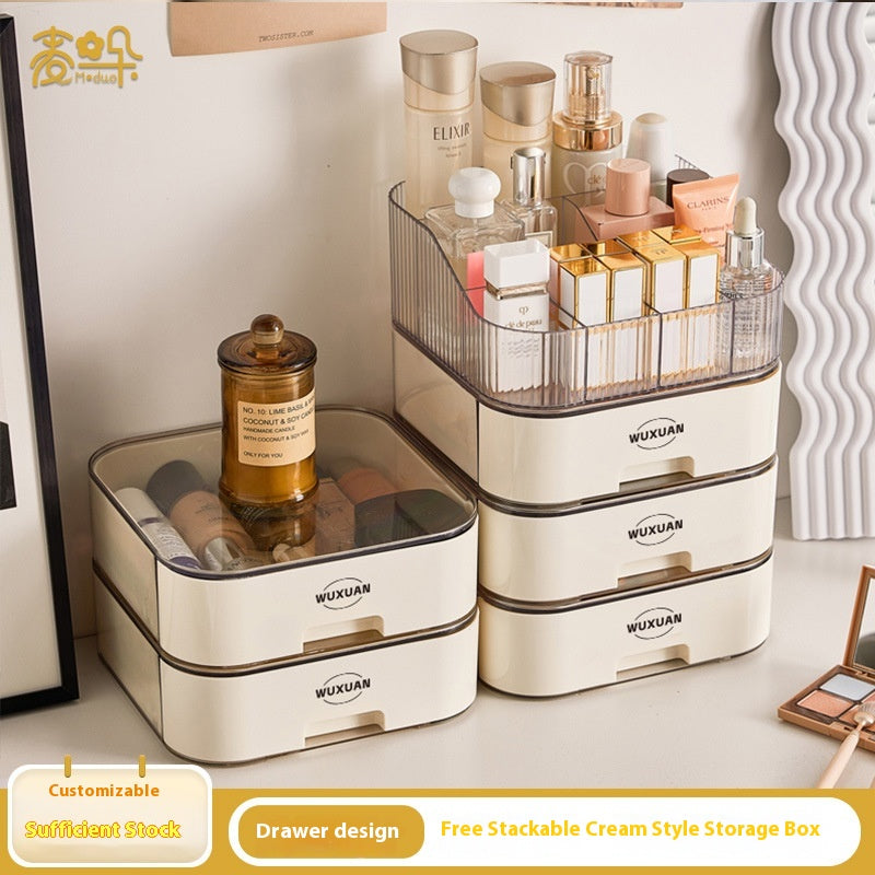 Stackable Desktop Storage Box with Drawer – Plastic Cosmetic Organizer for Makeup, Skincare, Lipsticks & Office Supplies