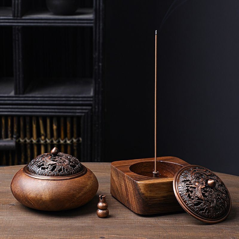 Luxury Wooden Incense Burner with Metal Lid | Chinese Style Sandalwood & Bakhoor Incense Holder for Home, Office, Meditation & Religious Use