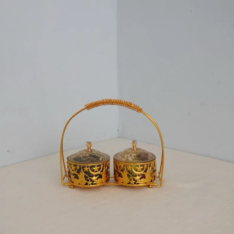 Arabic Double Date & Candy Serving Bowl with Handle – Luxury Gold Metal Snack Storage Container for Ramadan, Eid & Home Décor