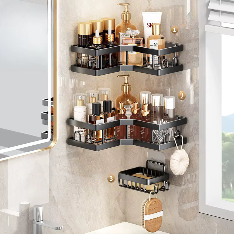 Carbon Steel Corner Shower Caddy Set – 2-Tier Bathroom Storage Shelves with Removable Hooks, Adhesive & Drill-Mount (3-Piece or 5-Piece Set)