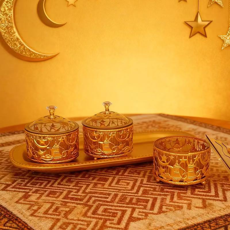 Luxury Arabic Golden Date Serving Set – 3-Piece Date & Candy Storage Bowls with Decorative Tray for Ramadan, Eid & Home Décor