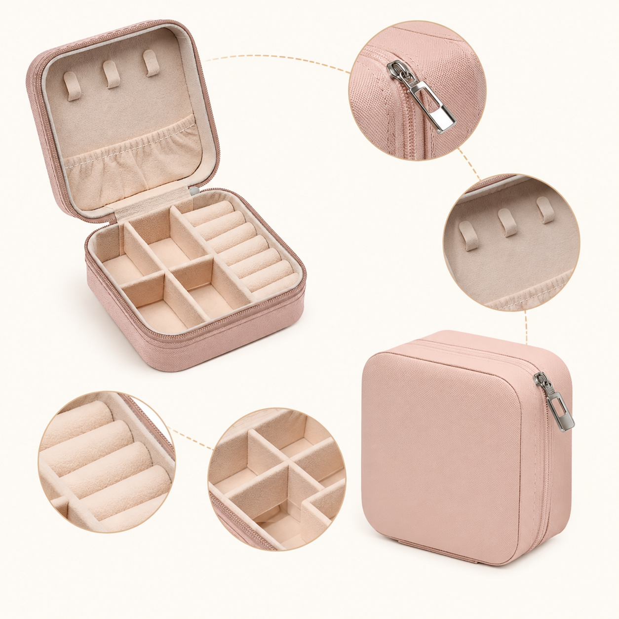 Travel Jewelry Organizer Case – Portable PU Leather Jewelry Box with Velvet Interior, Ring Holder, Necklace & Earring Storage, Zipper Travel Case