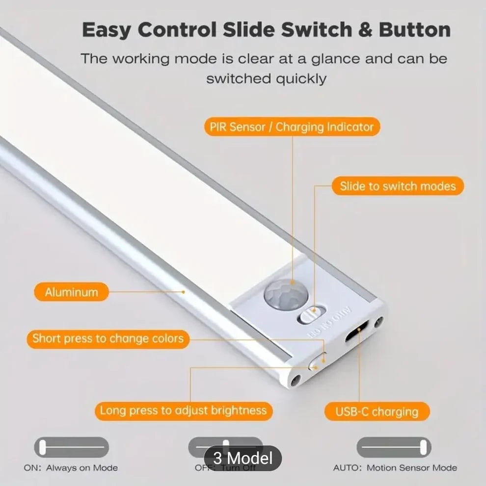 Rechargeable Aluminum LED Under Cabinet Light | USB-C Motion Sensor & Touch Dimmable Magnetic Light Bar (Multiple Sizes)