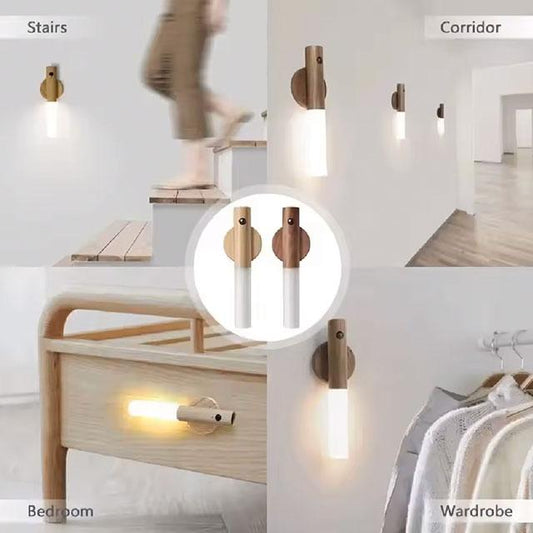 Intelligent PIR Motion Sensor LED Night Light | Rechargeable Magnetic Wood Wall Lamp for Kitchen & Cabinet