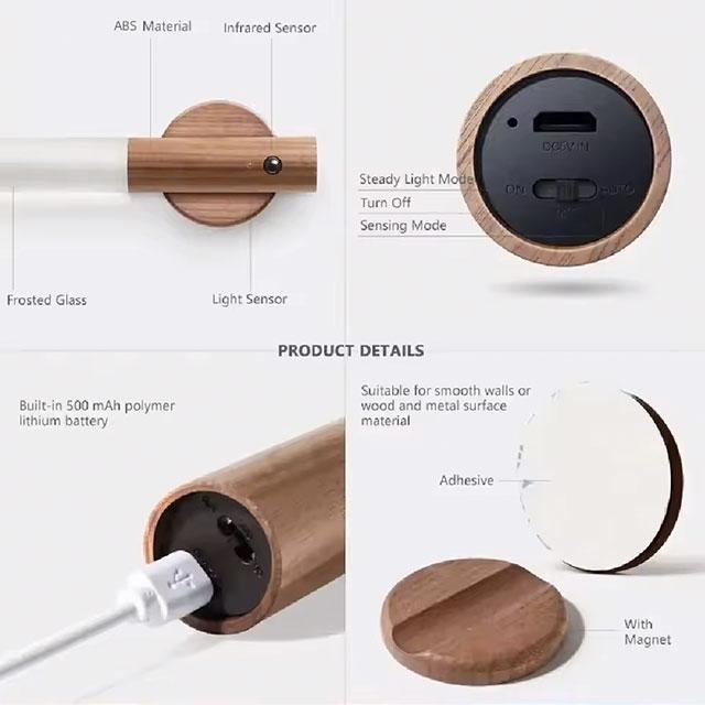 Intelligent PIR Motion Sensor LED Night Light | Rechargeable Magnetic Wood Wall Lamp for Kitchen & Cabinet