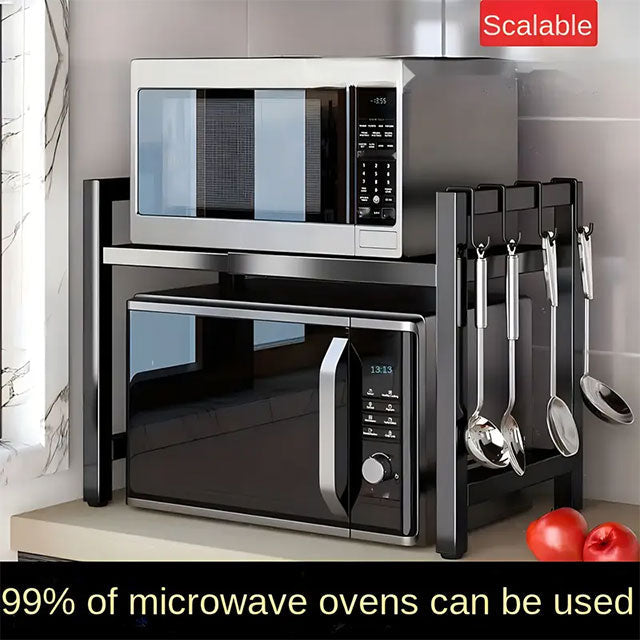 LANTUTU Expandable Microwave Oven Rack – 2-Tier Stainless Steel Countertop Organizer with 6 Hooks for Kitchen Storage – Perfect Mother’s Day Gift