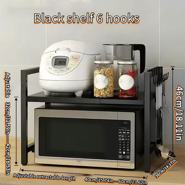 LANTUTU Expandable Microwave Oven Rack – 2-Tier Stainless Steel Countertop Organizer with 6 Hooks for Kitchen Storage – Perfect Mother’s Day Gift