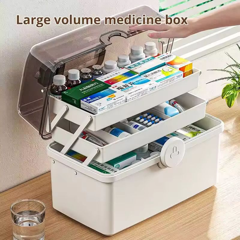 Large Capacity Family Medicine Box – 3-Tier Multi-Layer Emergency First Aid Kit Organizer – Portable White Medical Storage Box with Handle & Safety Buckle – Heavy-Duty PP Case for Home & Travel