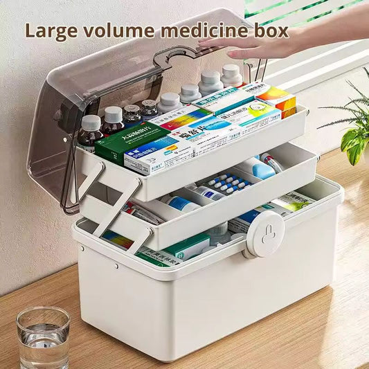 Large Capacity Family Medicine Box – 3-Tier Multi-Layer Emergency First Aid Kit Organizer – Portable White Medical Storage Box with Handle & Safety Buckle – Heavy-Duty PP Case for Home & Travel
