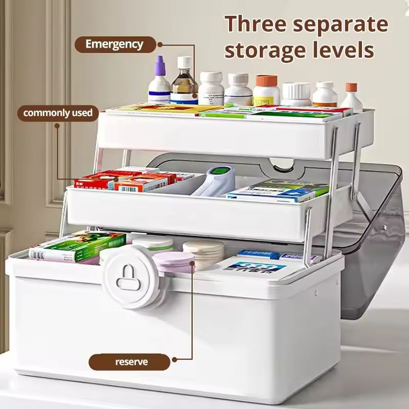 Large Capacity Family Medicine Box – 3-Tier Multi-Layer Emergency First Aid Kit Organizer – Portable White Medical Storage Box with Handle & Safety Buckle – Heavy-Duty PP Case for Home & Travel