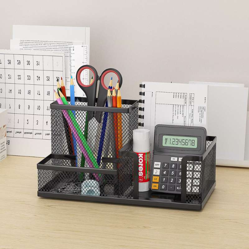 Mesh Desk Organizer & Office Supplies Caddy – 3-Compartment Metal Desktop Storage – Integrated Pencil Holder and Storage Baskets for Stationery, Pens, and Notepads – Sleek Black Professional Workspace Accessory