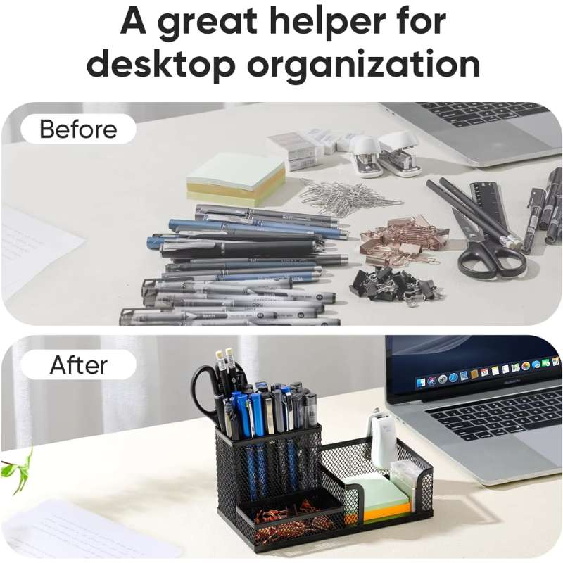 Mesh Desk Organizer & Office Supplies Caddy – 3-Compartment Metal Desktop Storage – Integrated Pencil Holder and Storage Baskets for Stationery, Pens, and Notepads – Sleek Black Professional Workspace Accessory