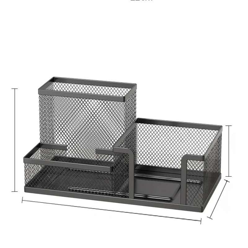 Mesh Desk Organizer & Office Supplies Caddy – 3-Compartment Metal Desktop Storage – Integrated Pencil Holder and Storage Baskets for Stationery, Pens, and Notepads – Sleek Black Professional Workspace Accessory