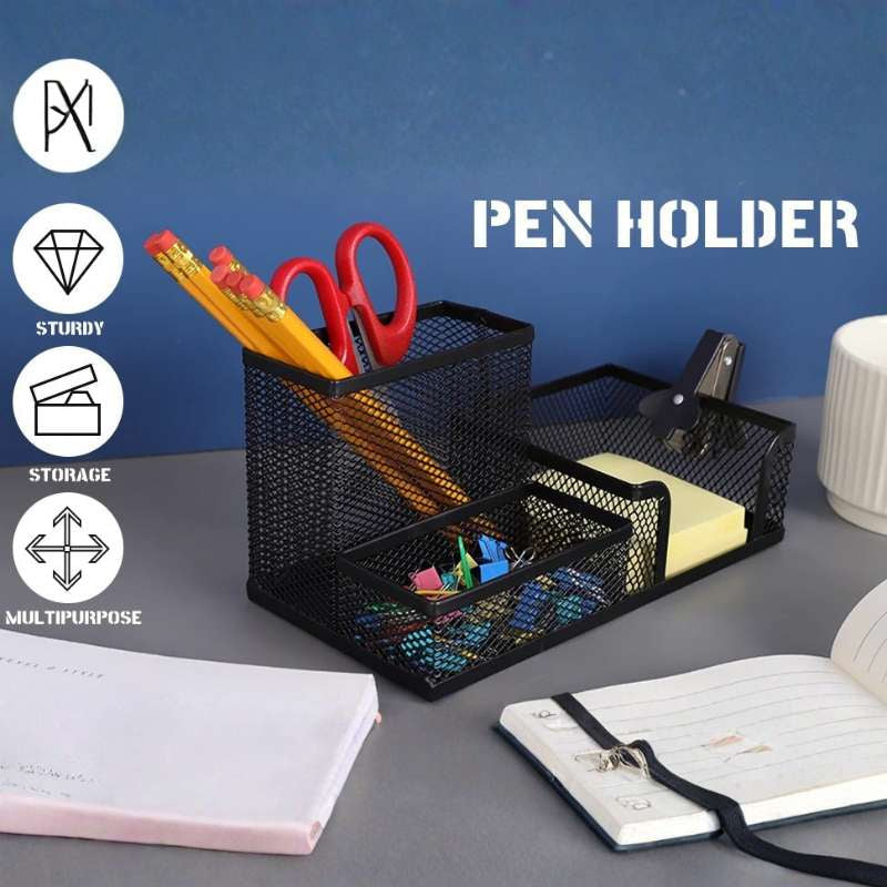 Mesh Desk Organizer & Office Supplies Caddy – 3-Compartment Metal Desktop Storage – Integrated Pencil Holder and Storage Baskets for Stationery, Pens, and Notepads – Sleek Black Professional Workspace Accessory