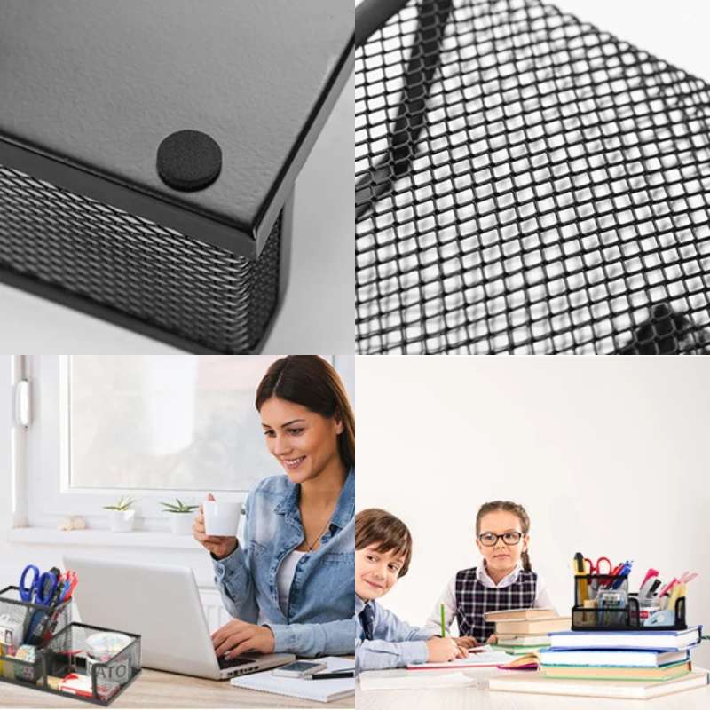 Mesh Desk Organizer & Office Supplies Caddy – 3-Compartment Metal Desktop Storage – Integrated Pencil Holder and Storage Baskets for Stationery, Pens, and Notepads – Sleek Black Professional Workspace Accessory