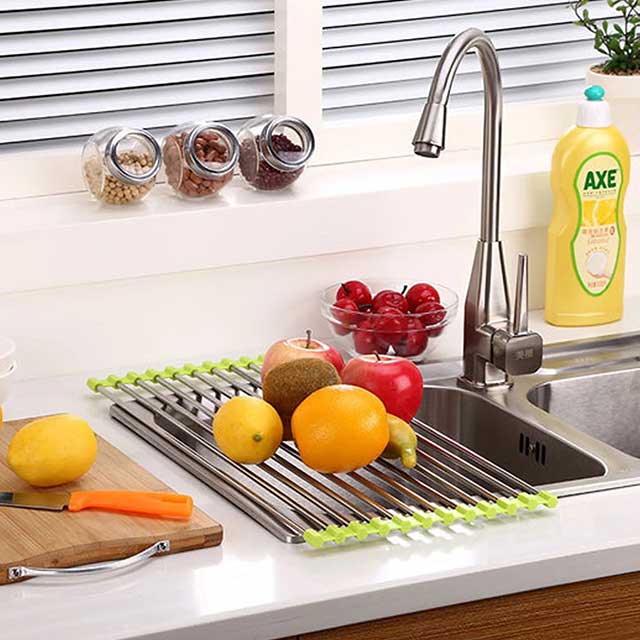 Over The Sink Roll-Up Dish Drying Rack – Multi-Functional Sheet Pan, Bottle Food Drainer, and Sieve Drainer Basket