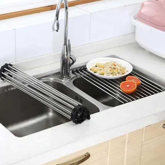 Over The Sink Roll-Up Dish Drying Rack – Multi-Functional Sheet Pan, Bottle Food Drainer, and Sieve Drainer Basket
