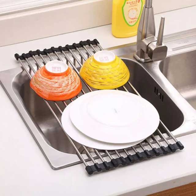 Over The Sink Roll-Up Dish Drying Rack – Multi-Functional Sheet Pan, Bottle Food Drainer, and Sieve Drainer Basket