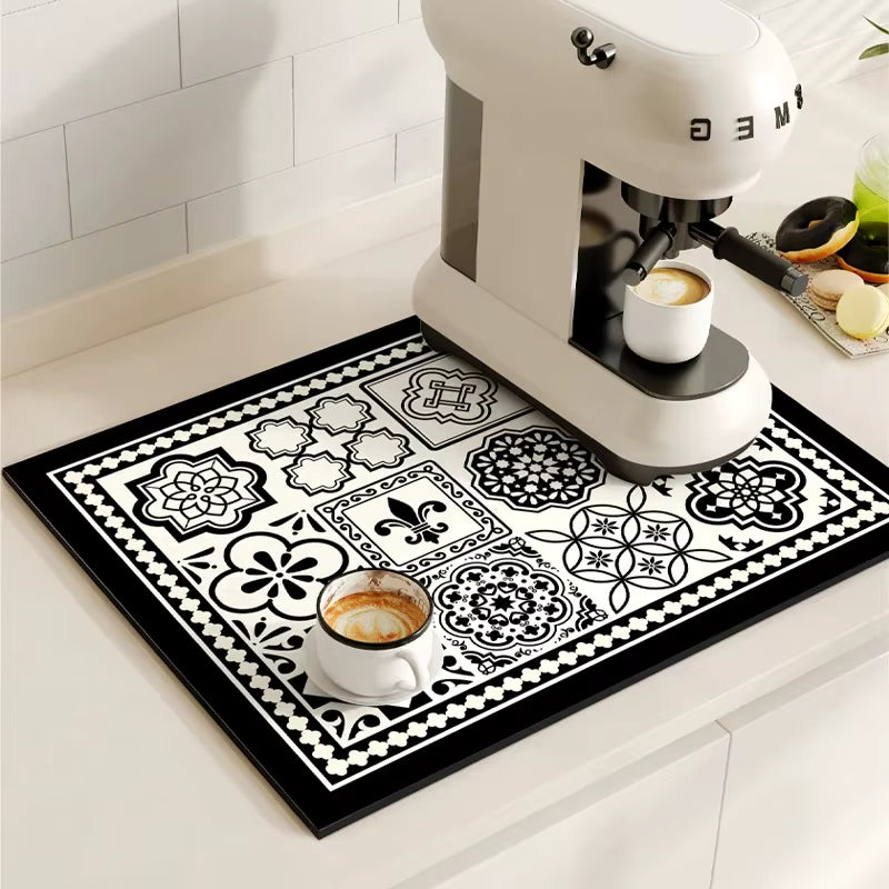 (40*50CM) Retro Coffee Machine Mat – Super Absorbent Dish Drying Pad – Non-Slip Rubber Drainage Mat – Quick-Dry Cutlery Placemat for Kitchen Counters (Dishwasher Safe)