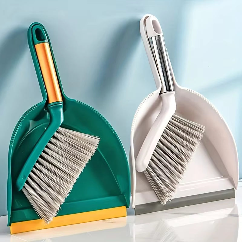 Desktop Mini Broom & Dustpan Set – Compact Household Shovel & Brush – Durable Plastic Cleaning Tool for Keyboards, Cars, and Small Messes (Green/White)