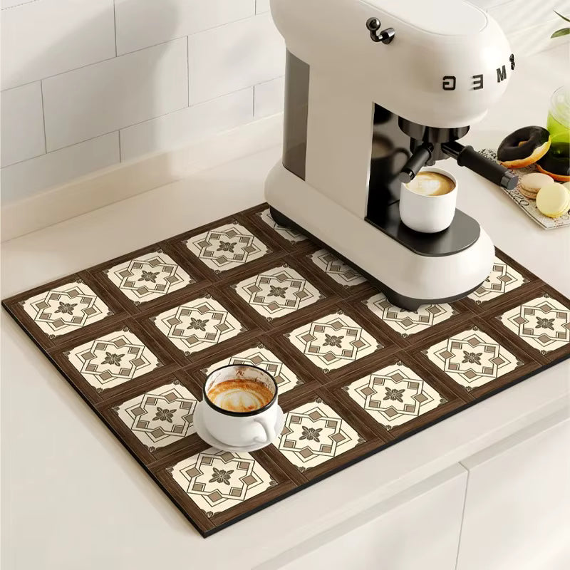 (40*50CM) Retro Coffee Machine Mat – Super Absorbent Dish Drying Pad – Non-Slip Rubber Drainage Mat – Quick-Dry Cutlery Placemat for Kitchen Counters (Dishwasher Safe)