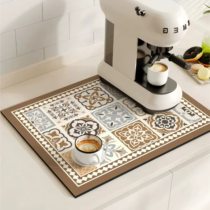 (40*50CM) Retro Coffee Machine Mat – Super Absorbent Dish Drying Pad – Non-Slip Rubber Drainage Mat – Quick-Dry Cutlery Placemat for Kitchen Counters (Dishwasher Safe)