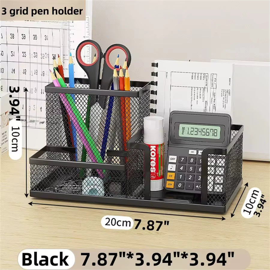 Mesh Desk Organizer & Office Supplies Caddy – 3-Compartment Metal Desktop Storage – Integrated Pencil Holder and Storage Baskets for Stationery, Pens, and Notepads – Sleek Black Professional Workspace Accessory