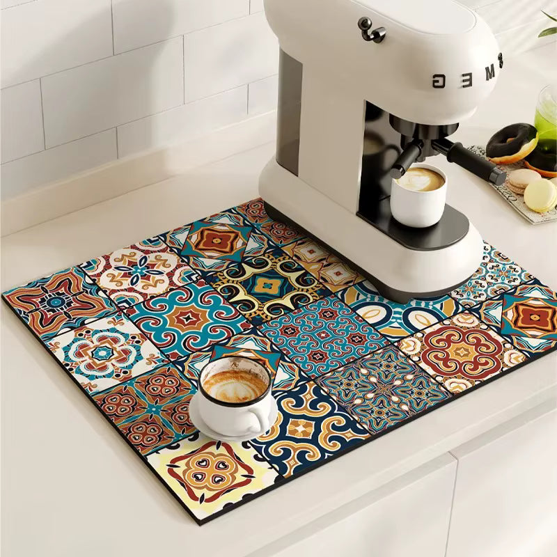 (40*50CM) Retro Coffee Machine Mat – Super Absorbent Dish Drying Pad – Non-Slip Rubber Drainage Mat – Quick-Dry Cutlery Placemat for Kitchen Counters (Dishwasher Safe)