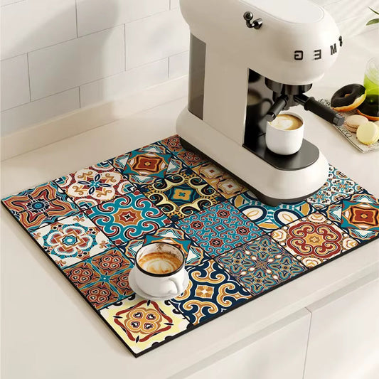 (40*50CM) Retro Coffee Machine Mat – Super Absorbent Dish Drying Pad – Non-Slip Rubber Drainage Mat – Quick-Dry Cutlery Placemat for Kitchen Counters (Dishwasher Safe)