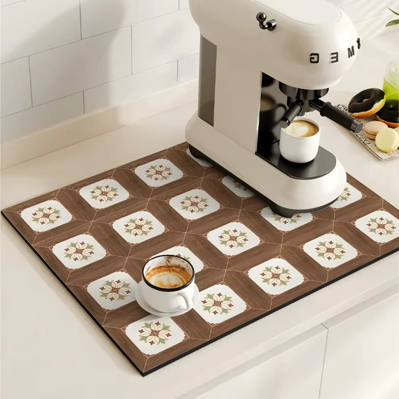 (40*50CM) Retro Coffee Machine Mat – Super Absorbent Dish Drying Pad – Non-Slip Rubber Drainage Mat – Quick-Dry Cutlery Placemat for Kitchen Counters (Dishwasher Safe)