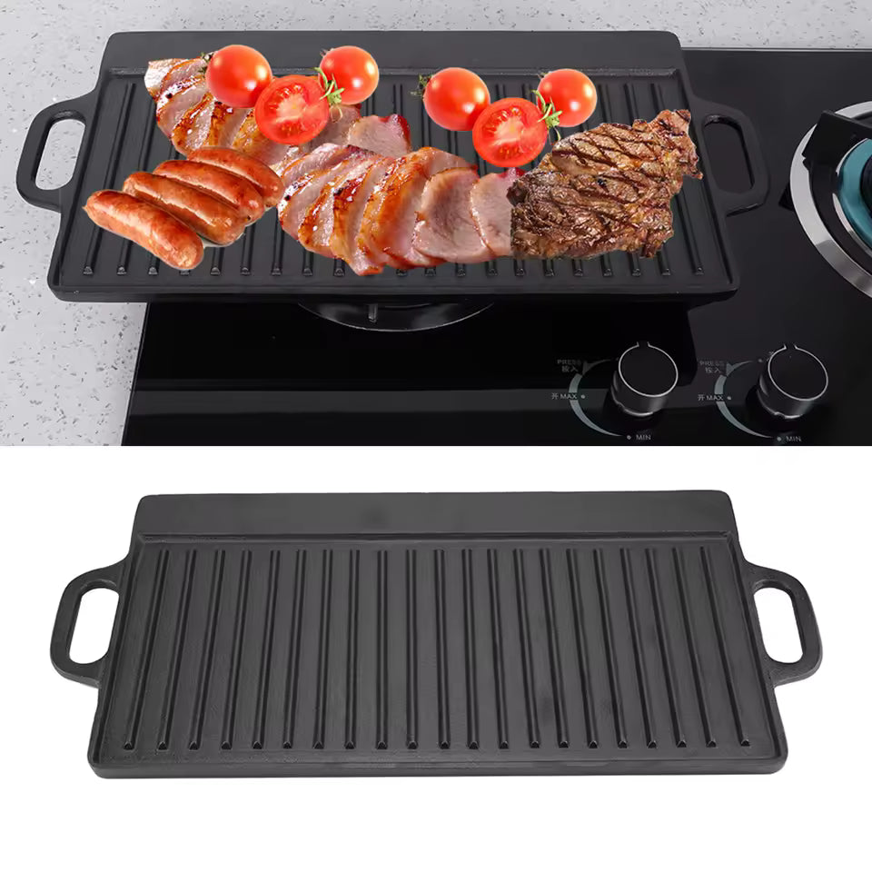 Cast Iron Grill Pan with Handles – Reversible Griddle Plate for BBQ, Steak, Burgers & Indoor Outdoor Cooking