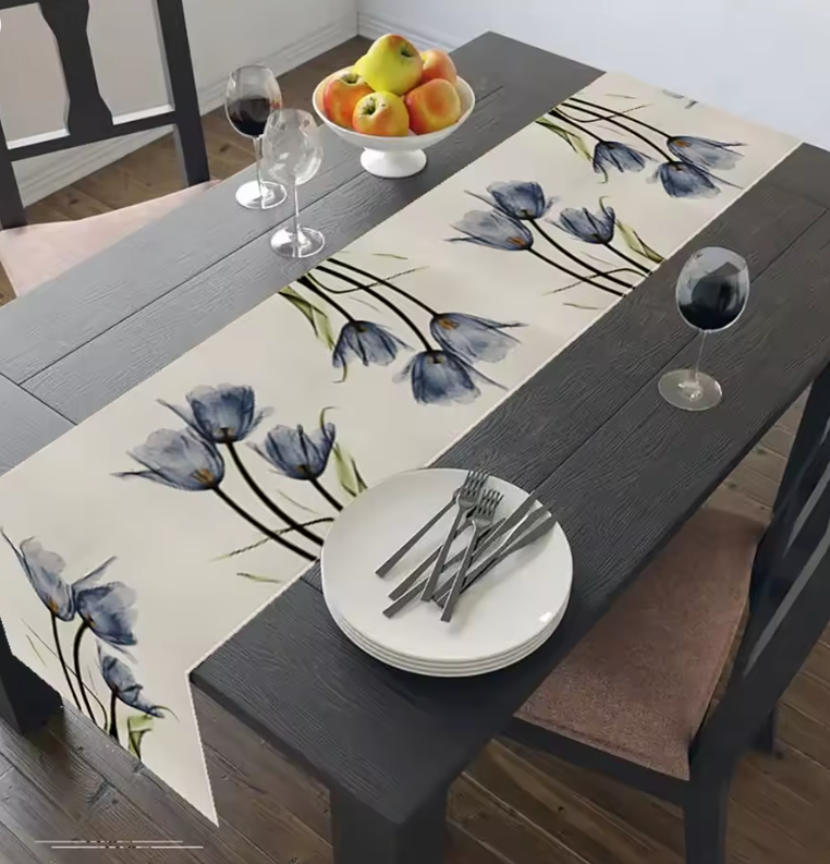 Rustic Linen Tulip Table Runner – Floral Table Runner for Kitchen, Dining Table, Coffee Table & Home Décor, 13 × 70 Inches