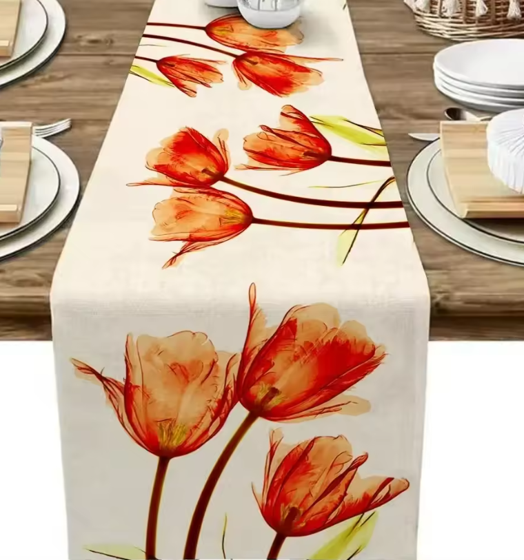 Rustic Linen Tulip Table Runner – Floral Table Runner for Kitchen, Dining Table, Coffee Table & Home Décor, 13 × 70 Inches