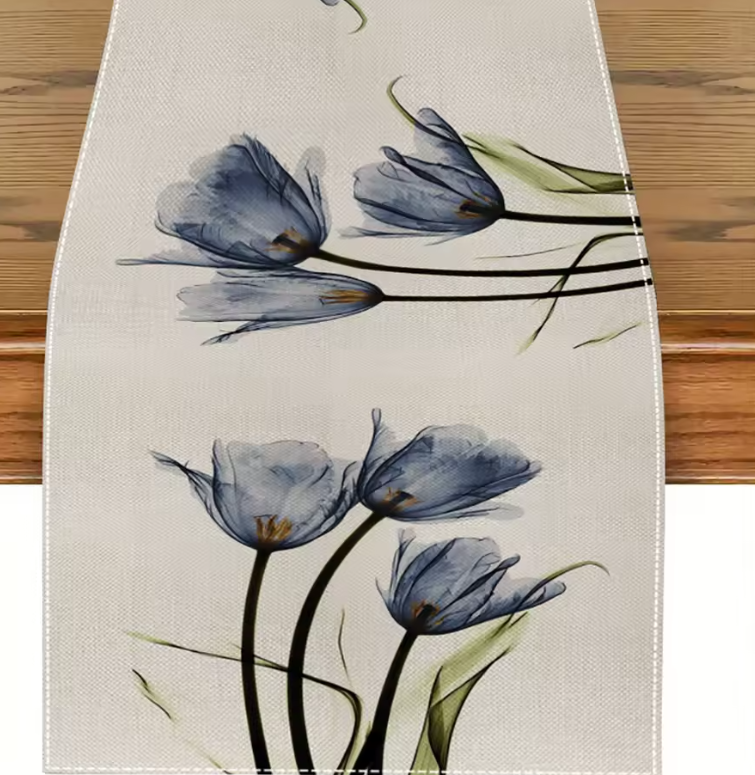Rustic Linen Tulip Table Runner – Floral Table Runner for Kitchen, Dining Table, Coffee Table & Home Décor, 13 × 70 Inches