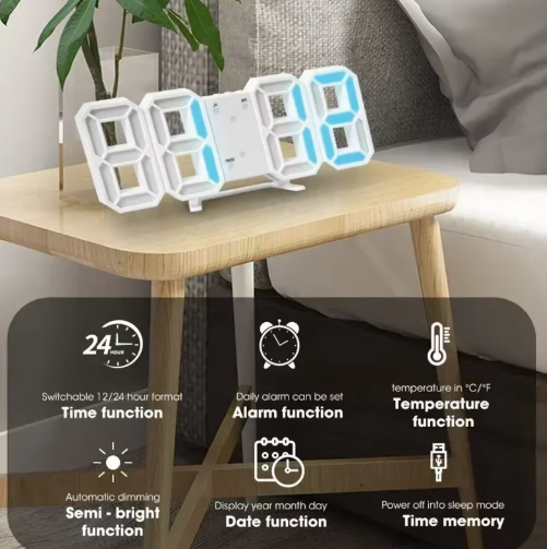 3D LED Digital Alarm Clock with Wall & Desk Display – Time, Date & Temperature Display, Modern Electronic Clock for Bedroom, Living Room, Office & Kitchen