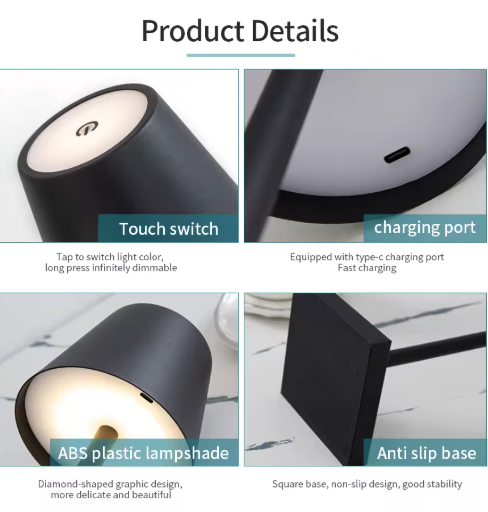 Black Rechargeable LED Table Lamp with Touch Control – 3 Color Modes, Stepless Dimmable Eye-Caring Desk Lamp for Bedroom, Study, Office & Bedside