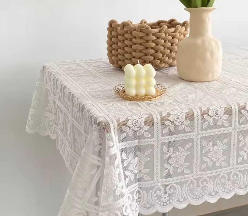 Vintage Embroidered Lace Tablecloth – Elegant Square Polyester Table Cover for Dining, Coffee & Side Tables, Floral Lace Design (140 × 180cm)