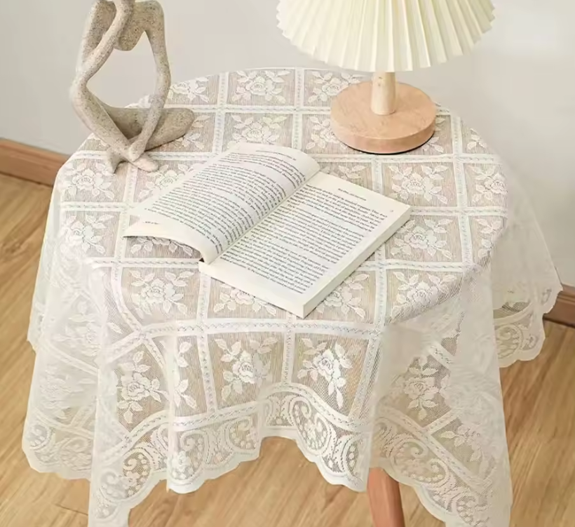 Vintage Embroidered Lace Tablecloth – Elegant Square Polyester Table Cover for Dining, Coffee & Side Tables, Floral Lace Design (140 × 180cm)