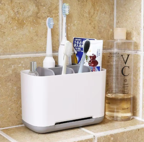 Bathroom Toothbrush & Toothpaste Holder Organizer – Multi-Compartment Plastic Storage Rack for Electric Toothbrushes, Toothpaste & Bathroom Accessories