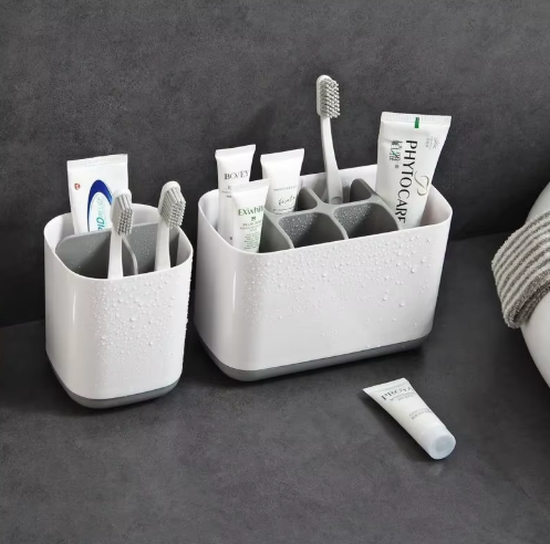 Bathroom Toothbrush & Toothpaste Holder Organizer – Multi-Compartment Plastic Storage Rack for Electric Toothbrushes, Toothpaste & Bathroom Accessories