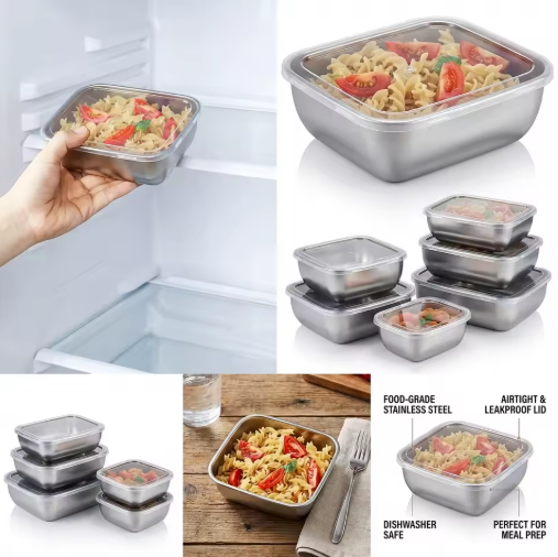 1 Piece Stainless Steel Food Storage Container Set – Stackable Airtight Meal Prep Containers with Leak-Proof Lids for Kitchen, Refrigerator & Travel