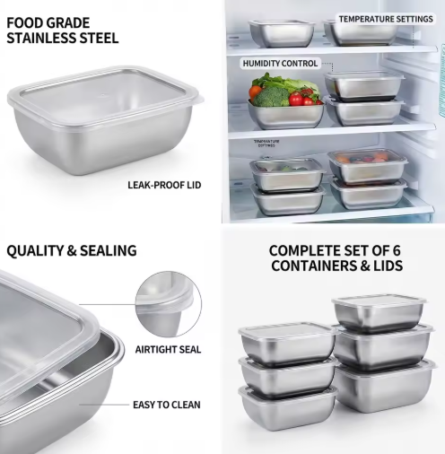 1 Piece Stainless Steel Food Storage Container Set – Stackable Airtight Meal Prep Containers with Leak-Proof Lids for Kitchen, Refrigerator & Travel