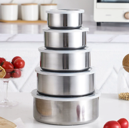5-Piece Stainless Steel Food Storage Bowl Set with Airtight Lids – Multipurpose Kitchen Mixing, Serving & Storage Containers